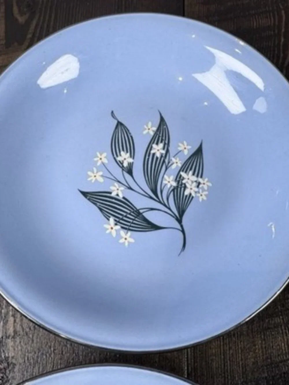 Set of 4 Homer Laughlin Skytone Blue 7.5” Soup Bowl Stardust Blue MCM Leaves‎